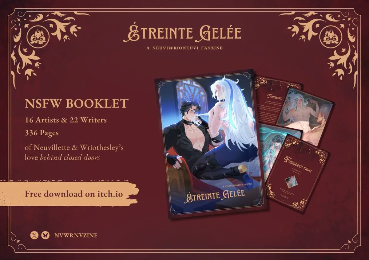 NvWrNvzine's tweet image. Want to start off the new year with a couple of old Genshin men? Never fear, for your solution is here - our free Neuvillette and Wriothesley zine!

With every dynamic you could want, there's so much love and spice packed into this bad boy.

Download here:
nvwrnvevents.itch.io
