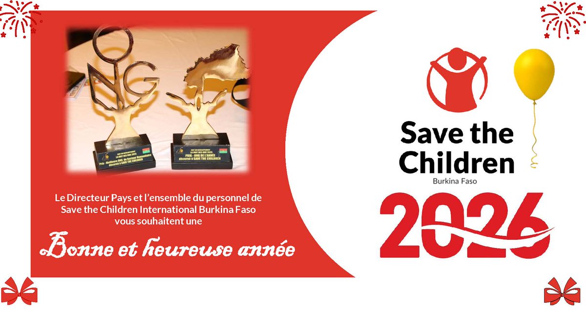 SaveChildrenBF's tweet image. ✨ Bonne année 2026 ! ✨ 

@SaveChildrenBF souhaite une année de paix, d’espoir et de protection pour chaque enfant. Ensemble, bâtissons un avenir meilleur. ❤️👧🏾👦🏾
#BonneAnnée2026 #SaveTheChildren #BurkinaFaso