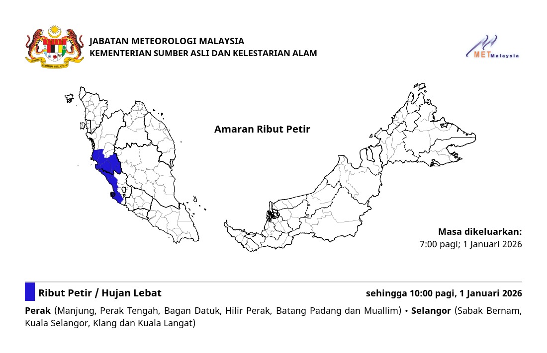 metmalaysia's tweet photo. AMARAN RIBUT PETIR. ⛈⛈⛈ 

Dikeluarkan pada: 7:00 pagi, 1 Januari 2025

#ributpetirmetmalaysia
#metmalaysia
#NRES
#MalaysiaMadani https://t.co/KYc3VQGmtR