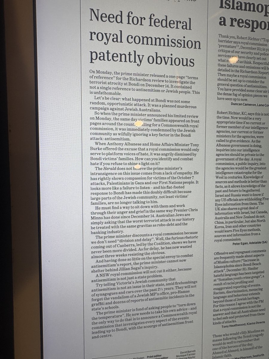 ⁦<a href="/smh/">The Sydney Morning Herald</a>⁩ lays into PM ⁦<a href="/AlboMP/">Anthony Albanese</a>⁩ for not ordering a royal commission into Bondi massacre. Says Richardson inquiry won’t examine anti-semitism context. Not true. It’ll start with <a href="/ASIO/">ASIO</a> risk assessment that terror attack was “probable”. Get a grip please Luke McIlveen.