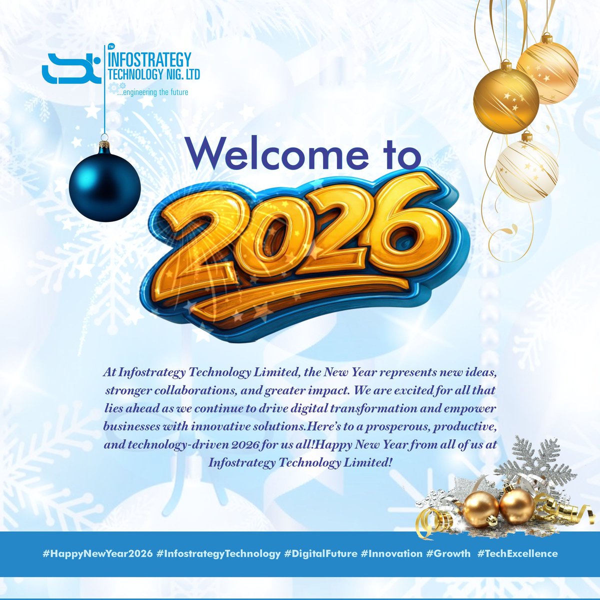 Welcome to 2026! 
At Infostrategy Tech Ltd, the New Year represents new ideas, stronger collaborations, and greater impact. 

Here’s to a prosperous, productive, and technology-driven 2026 for us all!

Happy New Year from all of us! 🎉

#HappyNewYear2026 #InfostrategyTechnology