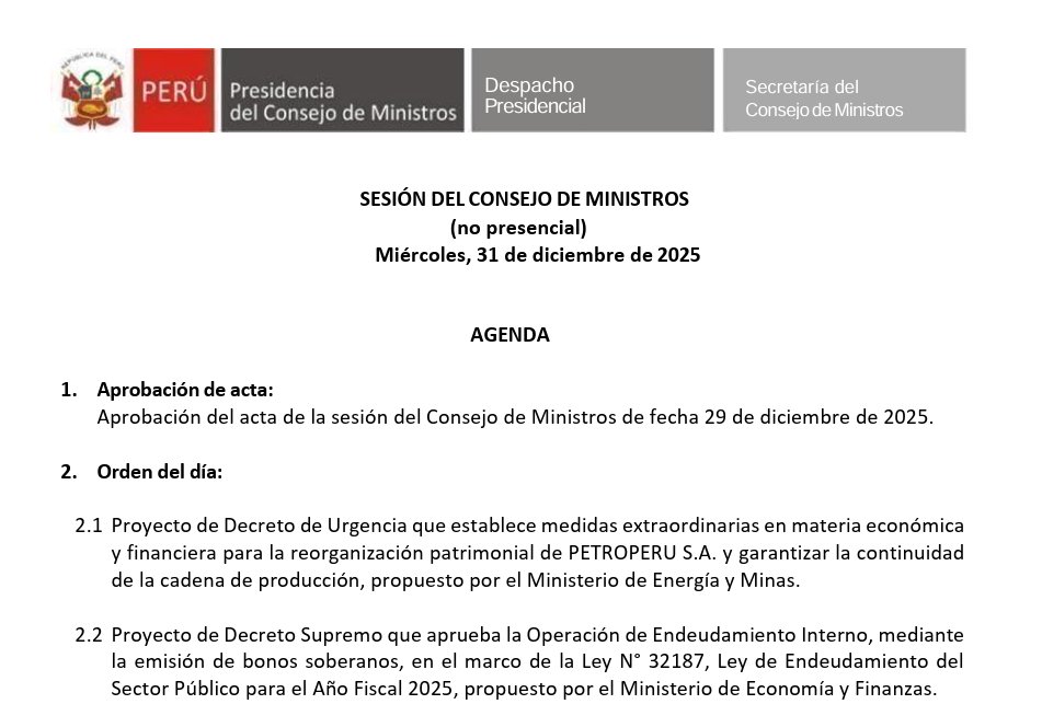 Hoy, en consejo de ministros, se discutió el proyecto que establece medidas extraordinarias en Petroperú que propone, atentos, el Ministerio de Energía y minas. 

Como ya se ha difundido, la norma buscará que Petroperú quede en manos de Proinversión, con el fin de reestructurarla