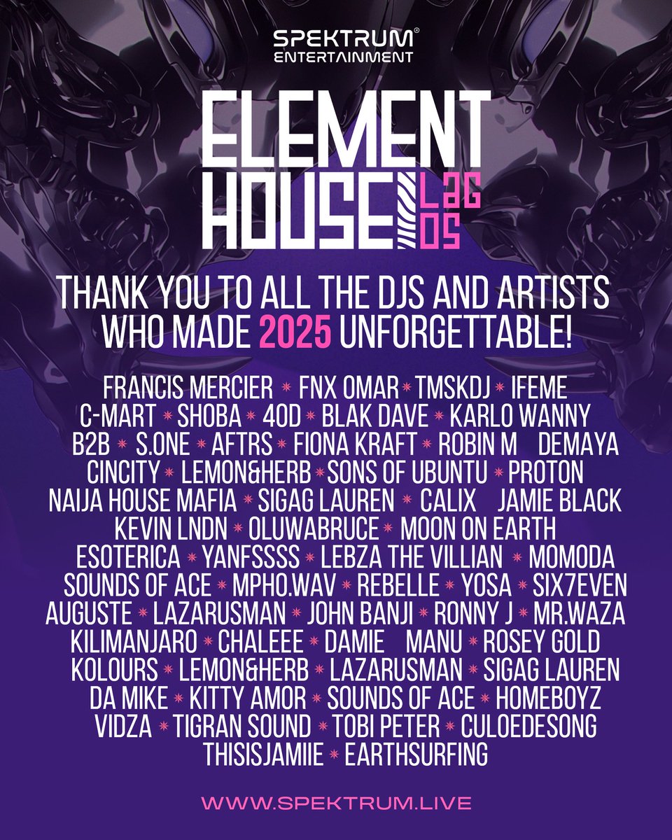 spektrumng's tweet image. Thank you for an amazing 2025.
2026, we dance again ❤️
.
#Lagos 🇳🇬
#ElementHouse 
#HouseMusic 
#AfroHouse 
#Nigeria