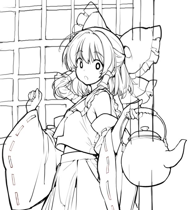 やかんもち霊夢の絵に背景を描き足してみようと試行錯誤中😊 