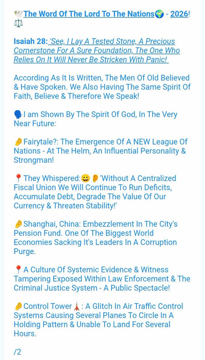 TheEagle_44's tweet image. ⚖️🔥@ManofValor777©️ Kindly Receive ⚖️2026 - The Word Of The Lord To The Nations!🔥

Isaiah 28📜: 'See, I Lay A Tested Stone, A Precious Cornerstone For A Sure Foundation, The One Who Relies On It Will Never Be Stricken With Panic!'

#Eagles🦅✍️