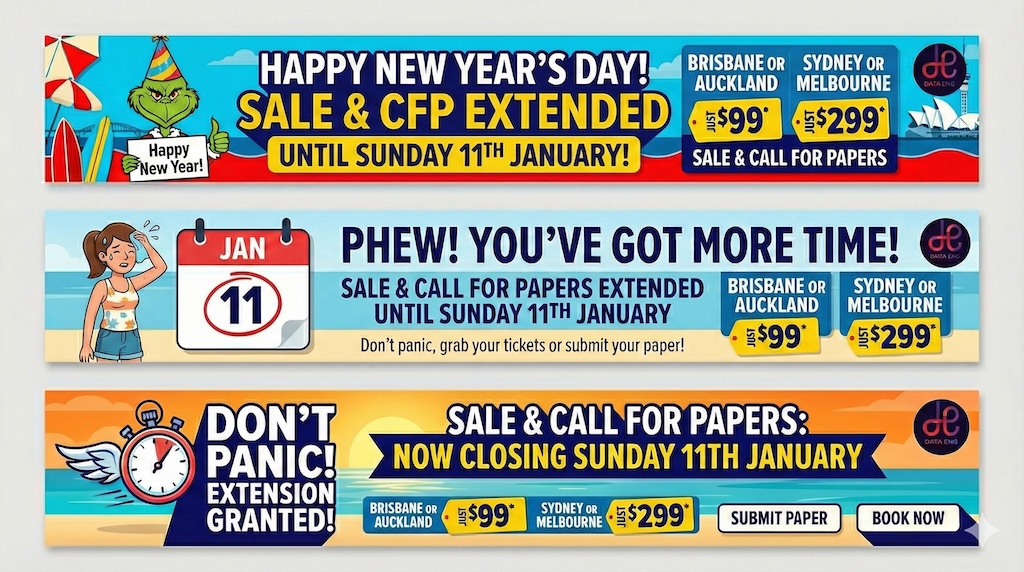 petehanssens's tweet photo. We didn't want to be the Grinch that stole the Christmas and New Year joy...

So we are extending the Call for Papers closing date for Brisbane and Auckland as well as the Boxing Day Sale.

You now have up until the 11th of January! 🎁🎆🎉

#dataengineering #dataengbytes #deb #newyear #happynewyear