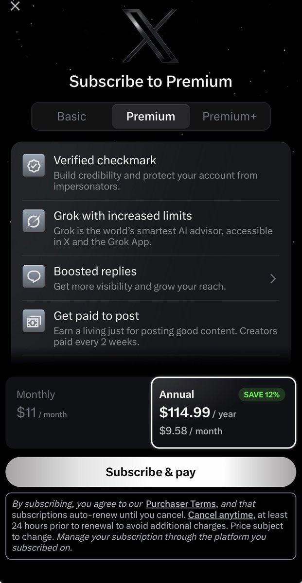 Go home, X… you’re drunk. $115/yr, in essence, for the blue checkmark and to “get paid to post”…. They want people to PAY for the possibility of getting paid &amp; for verification? So basically paying to pretend you’re an influencer &amp; cross your fingers instead of doing the work.