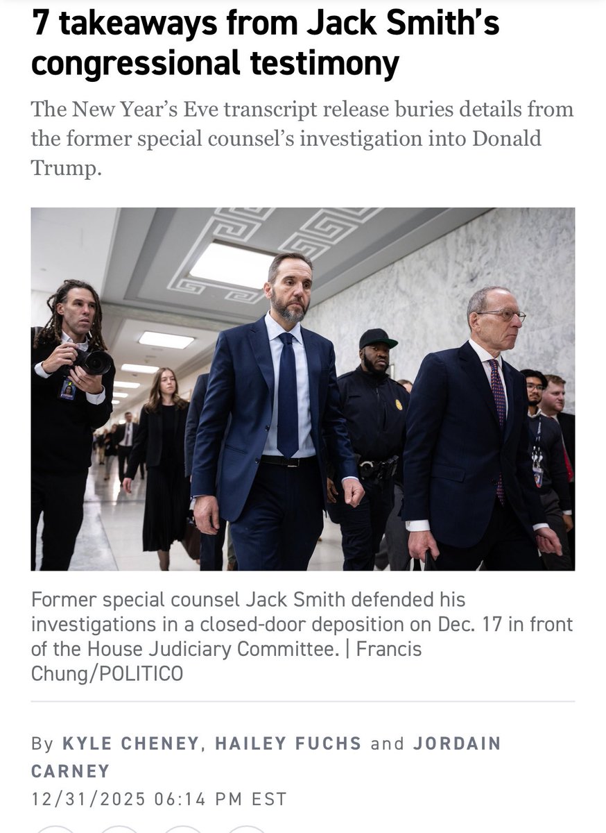 kyledcheney's tweet image. NEW: Jack Smith seemed in total command of the details of his probes and used his deposition to forcefully rebut claims of weaponization and reiterate his belief that Trump was guilty of historic crimes. 

Our 7 takeaways.

w/ @Hailey_Fuchs @jordainc 

politico.com/news/2025/12/3…