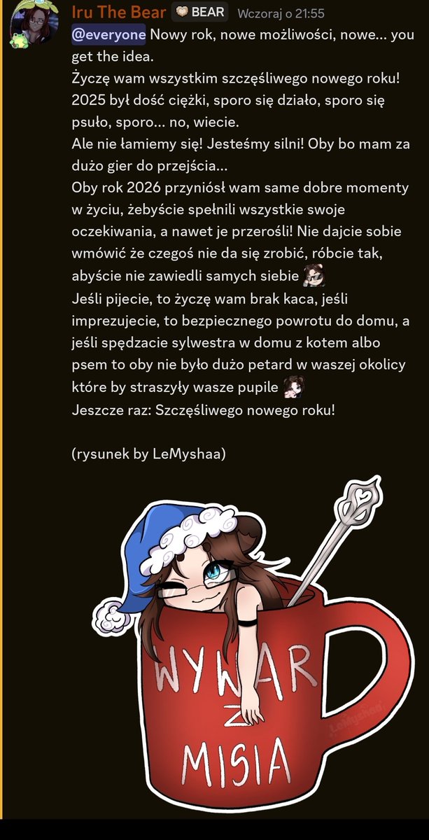 Omijając limit znaków wrzucę screena z discorda
Szczęśliwego nowego roku!
