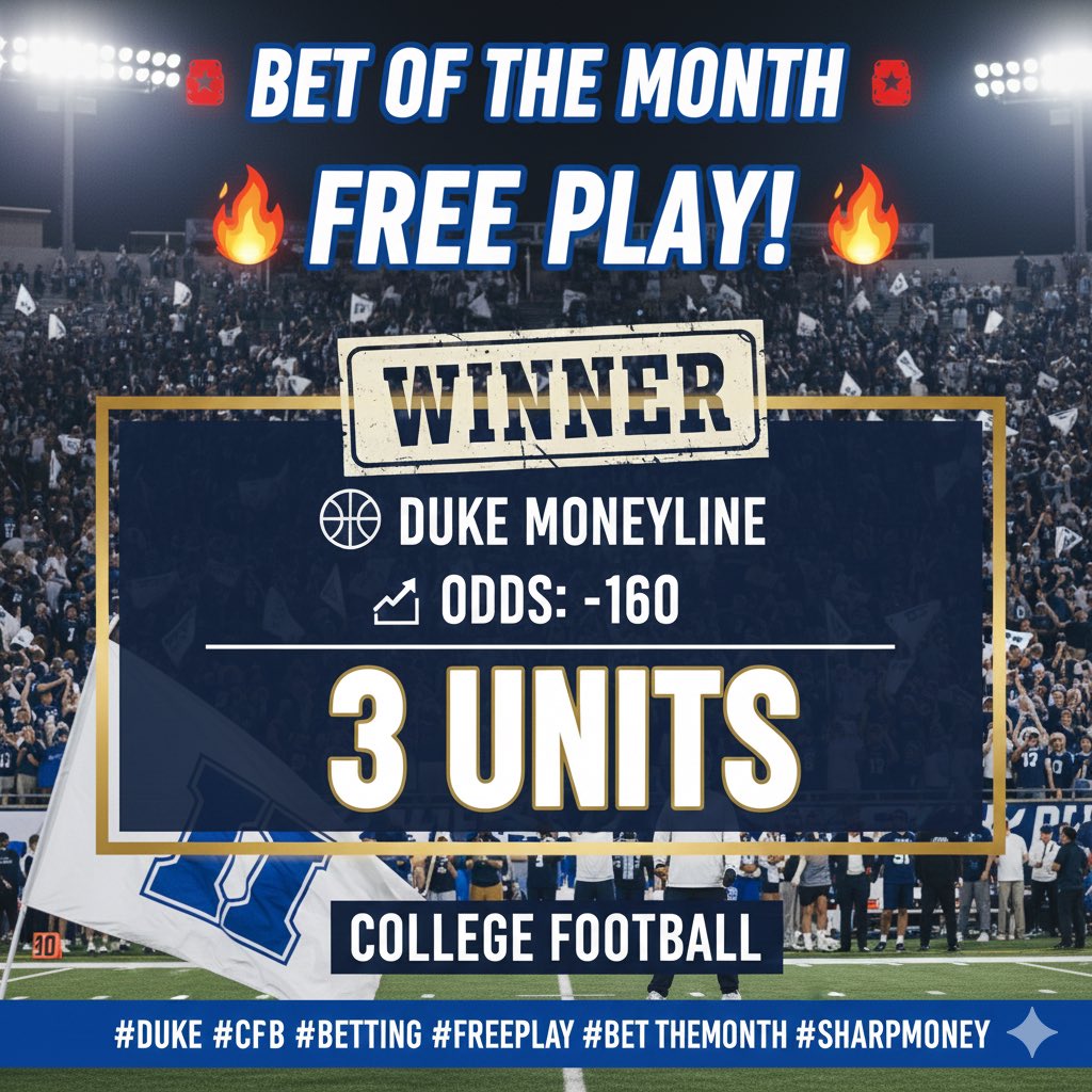 bardobets's tweet image. 🚨ANOTHER FREE PLAY WINNER🚨

DUKE ML ✅
ODDS: -160 
UNITS: 3u 🔨🔨🔨

We are 8-1 on these!! 💥💥🤝

Drop a “😈” if you cashed with @bardobets today !! 

#Gambling𝕏 #ANOTHERWINNER #CollegeFootball