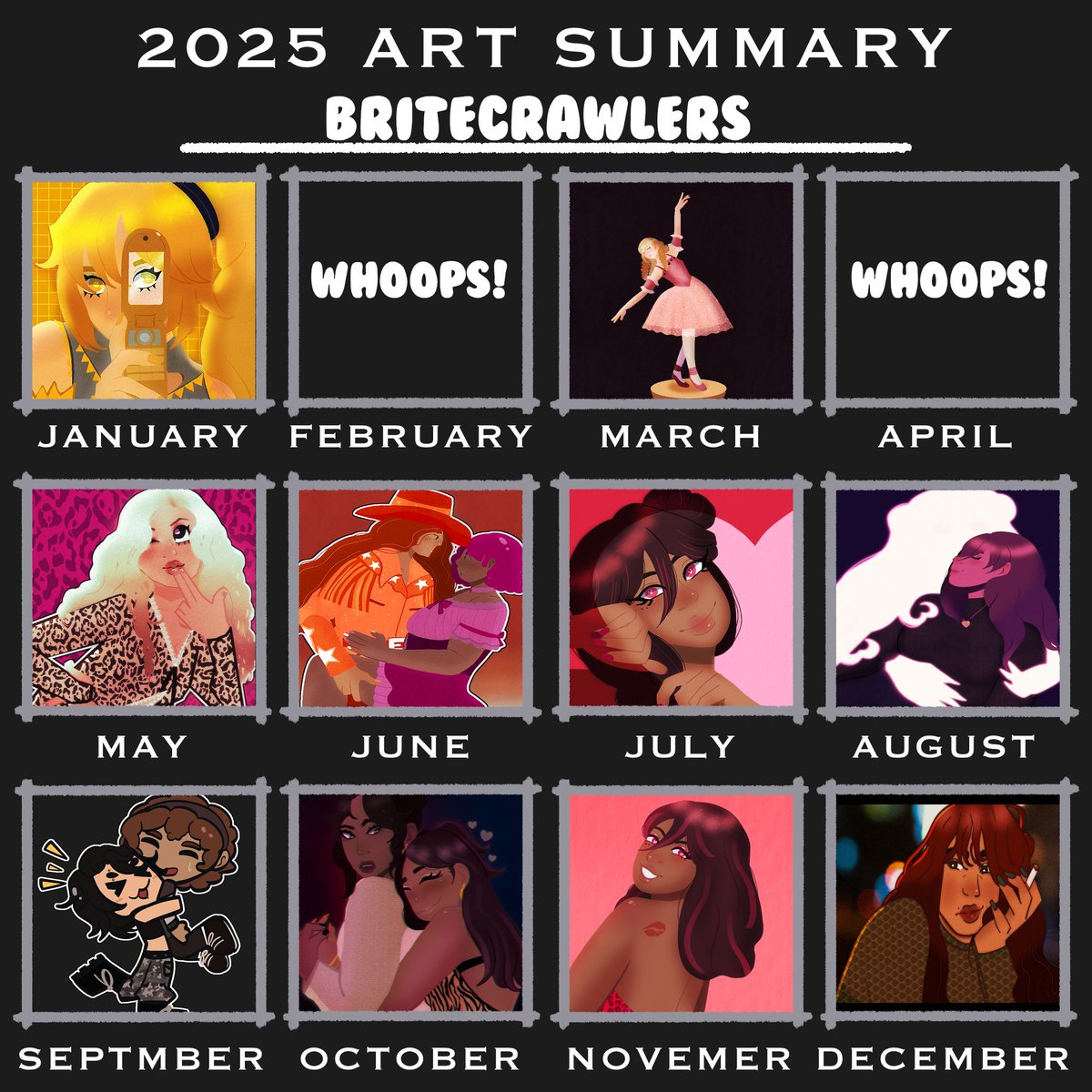can you tell when i joined a rp group.
contrary to my media tab, i've been drawing a lot! way more than any other year which is...weird for me. but here's hoping next year i keep up the momentum!