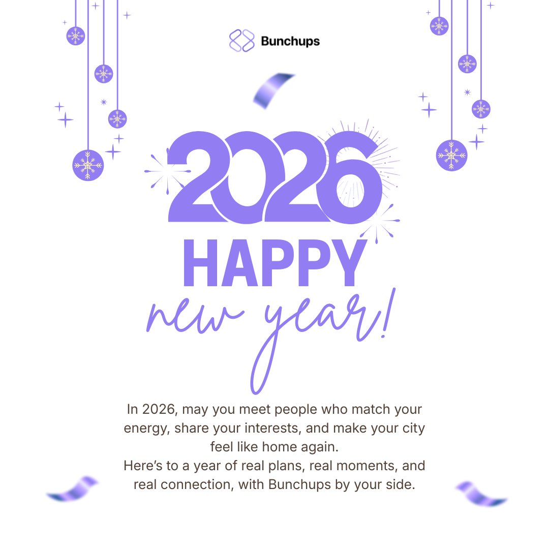 bunchups's tweet image. Wishing you a 2026 filled with new experiences, new friendships, and memories made offline.
Here’s to finding your people and doing what you love, together.💜

Happy New Year, 2026✨

#Bunchups#HappyNewYear2026#FindYourPeople #SharedInterests#MakeRealConnections#TogetherIsBetter