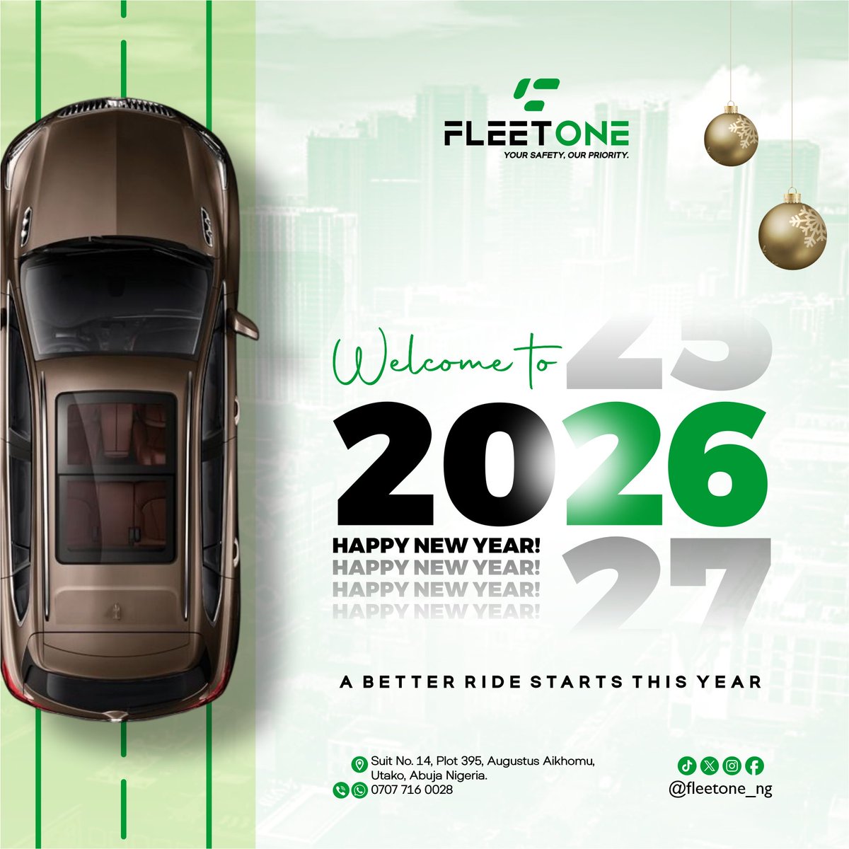 fleetone_ng's tweet photo. Welcome to 2026 🎉
A new year, a fresh start, and smoother rides ahead.
Wherever the road takes you, FleetOne is here to move you safely and comfortably—every step of the way. 🚗✨
#FleetOne
#HappyNewYear2026
#NewYearNewRide
#YourSafetyOurPriority
#RideWithConfidence https://t.co/18sB6LXucn