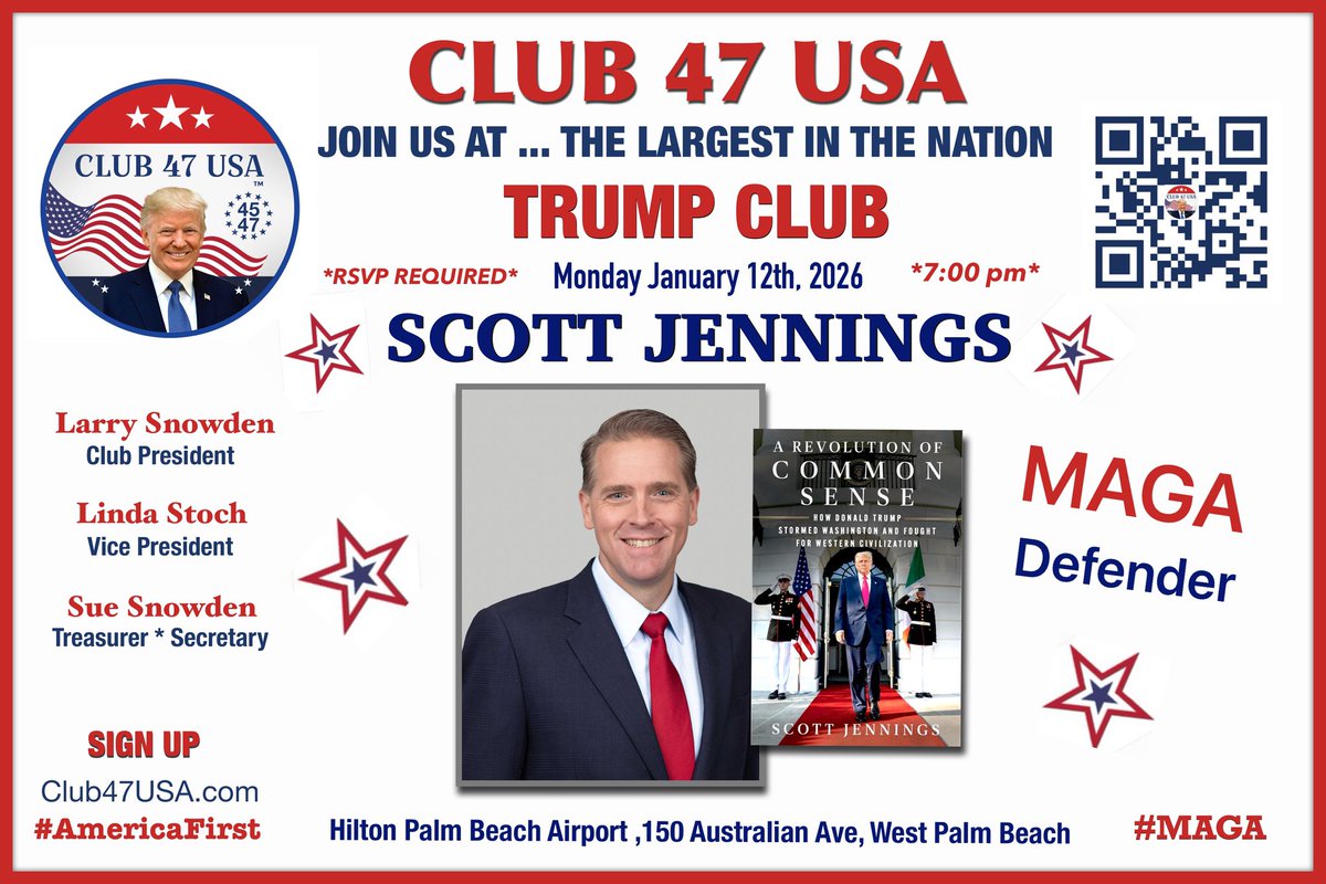 Join us for our January 12, 2026 Club 47 USA meeting! Our speaker is Scott Jennings. See ticket link below:
eventbrite.com/e/club-47-usa-…