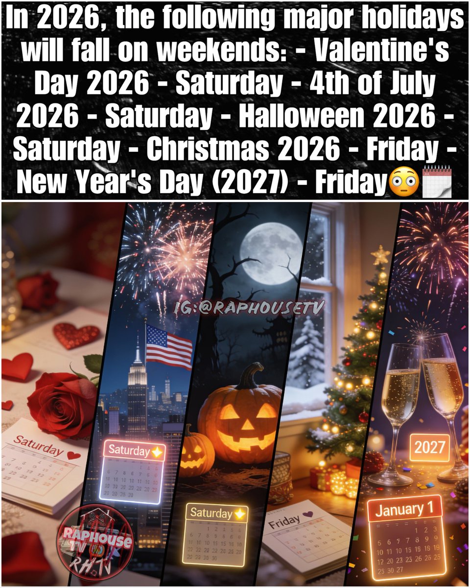 raphousetv2's tweet image. In 2026, the following major holidays will reportedly fall on weekends:
- Valentine’s Day 2026 - Saturday - 4th of July 2026 - Saturday
- Halloween 2026 - Saturday
- Christmas 2026 - Friday
- New Year’s Day (2027) - Friday! 🤯