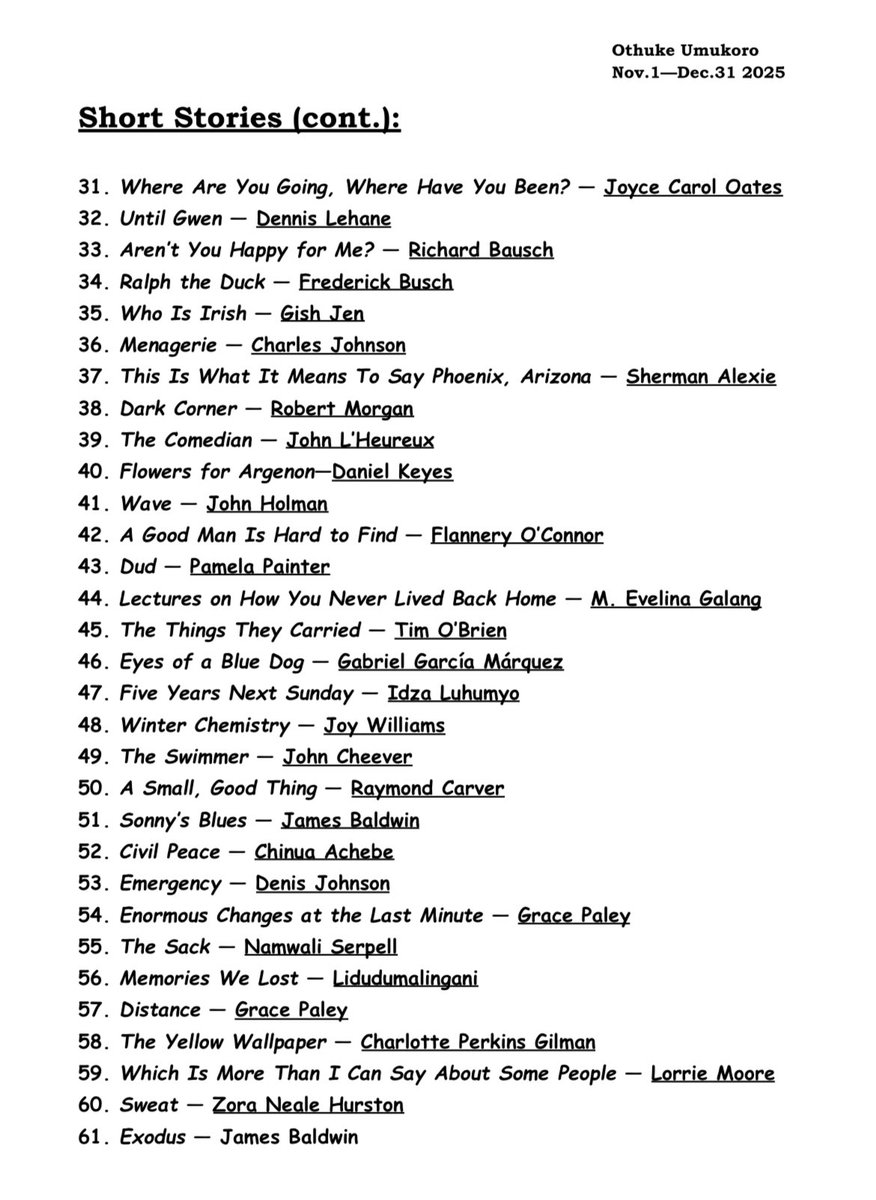 Othuke__Umukoro's tweet image. Here’s every short story and essay I read between November 1 &amp;amp; December 31—definitely one of the kindest, most beautiful journeys I took this year. Thank you for all your wonderful recommendations.