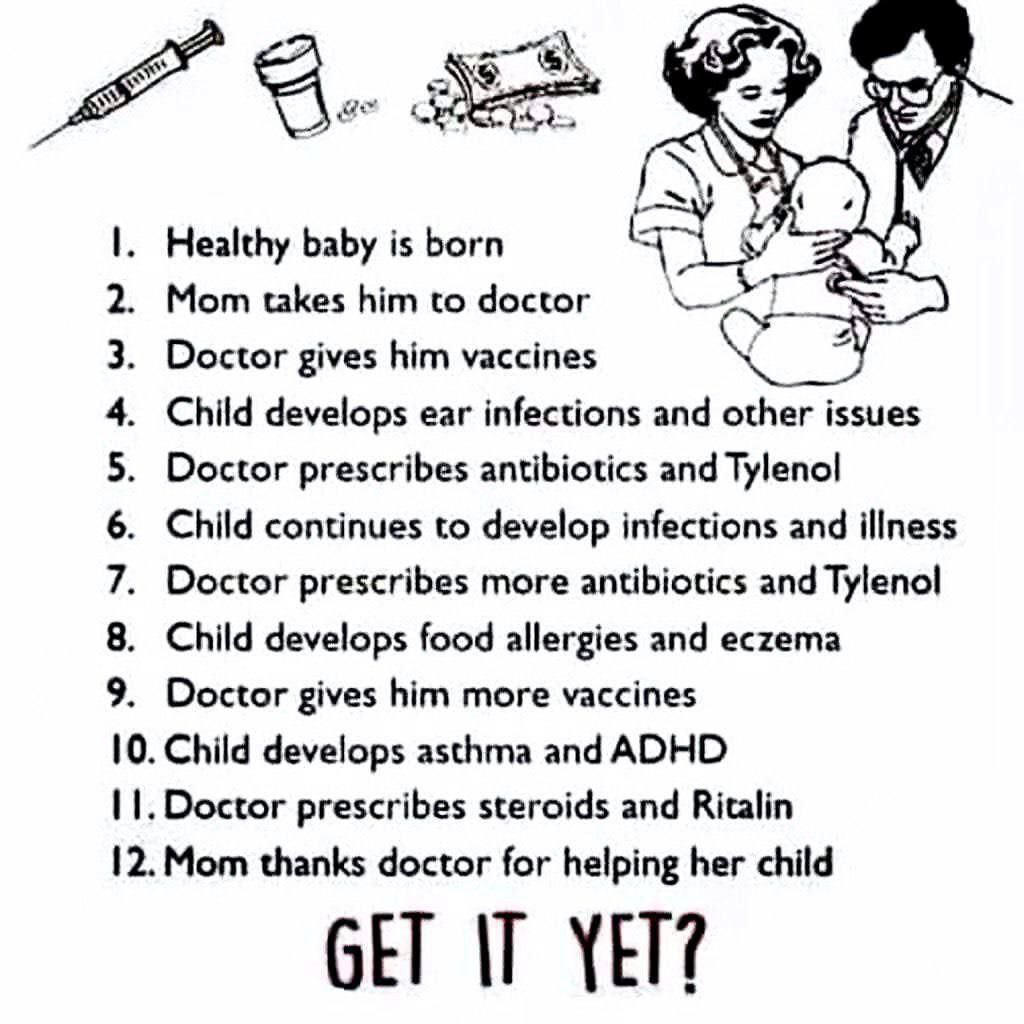 BabyD1111229's tweet image. I. Healthy baby is born

2. Mom takes him to doctor

3. Doctor gives him vaccines

4. Child develops ear infections and other issues

5. Doctor prescribes antibiotics and Tylenol

6. Child continues to develop infections and illness

7. Doctor prescribes more antibiotics and…