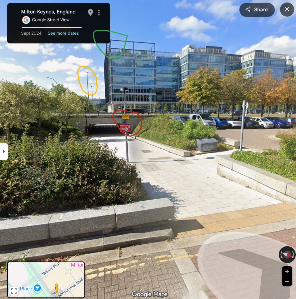 Nathanamazing1's tweet photo. Sam's hiding spot for ep3 of hide and seek across the UK is in Milton Keynes, proof is the train line, the sign post to Bletchley, and the screenshots in which I have lined up buildings and posts @jetlagthegame @adamhchase @wendoverpro @thewheatgerm https://t.co/1p1HK07FEP