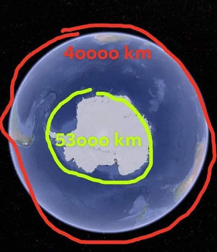 James_Hawke1's tweet image. Yes, they actually admit the perimeter of the Antarctic coastline is 53,000 km.

The stated distance of the equator of the globe (fattest part) is only a mere 40,000 km.

You should see how they get into tangles trying to explain its 'crinkly' icy coastline and "3.7 million data…