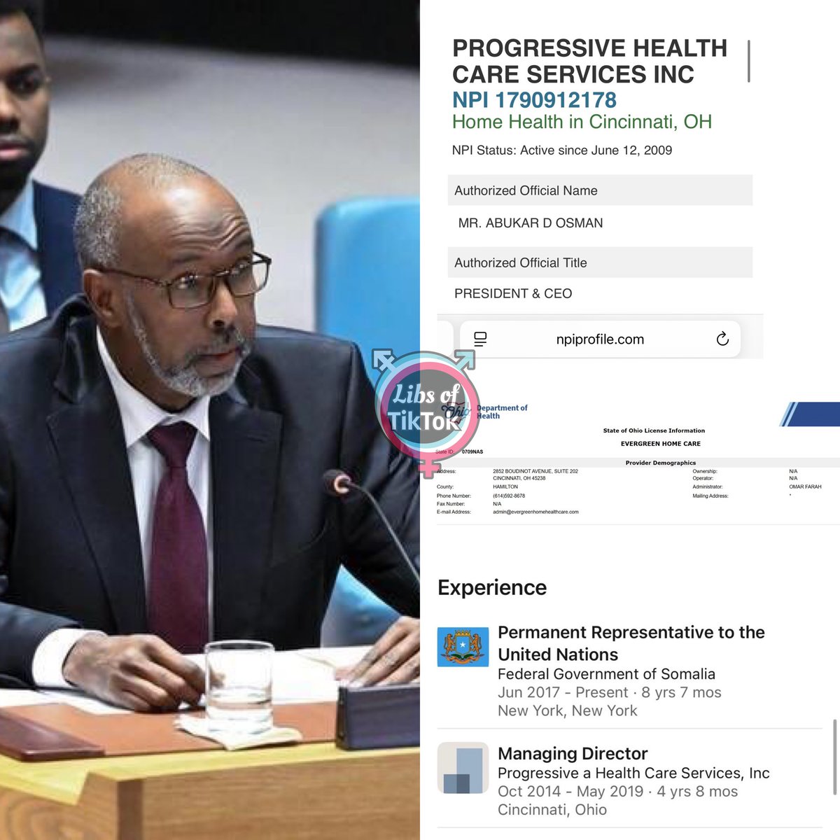 libsoftiktok's tweet image. Omg wait till you hear this

Somalia’s Ambassador to the UN Abukar Dahir Osman was a healthcare administrator in Ohio. There is another healthcare company in the SAME SUITE as his with a different name, and multiple others at the same address, all with Somali names

Of course…