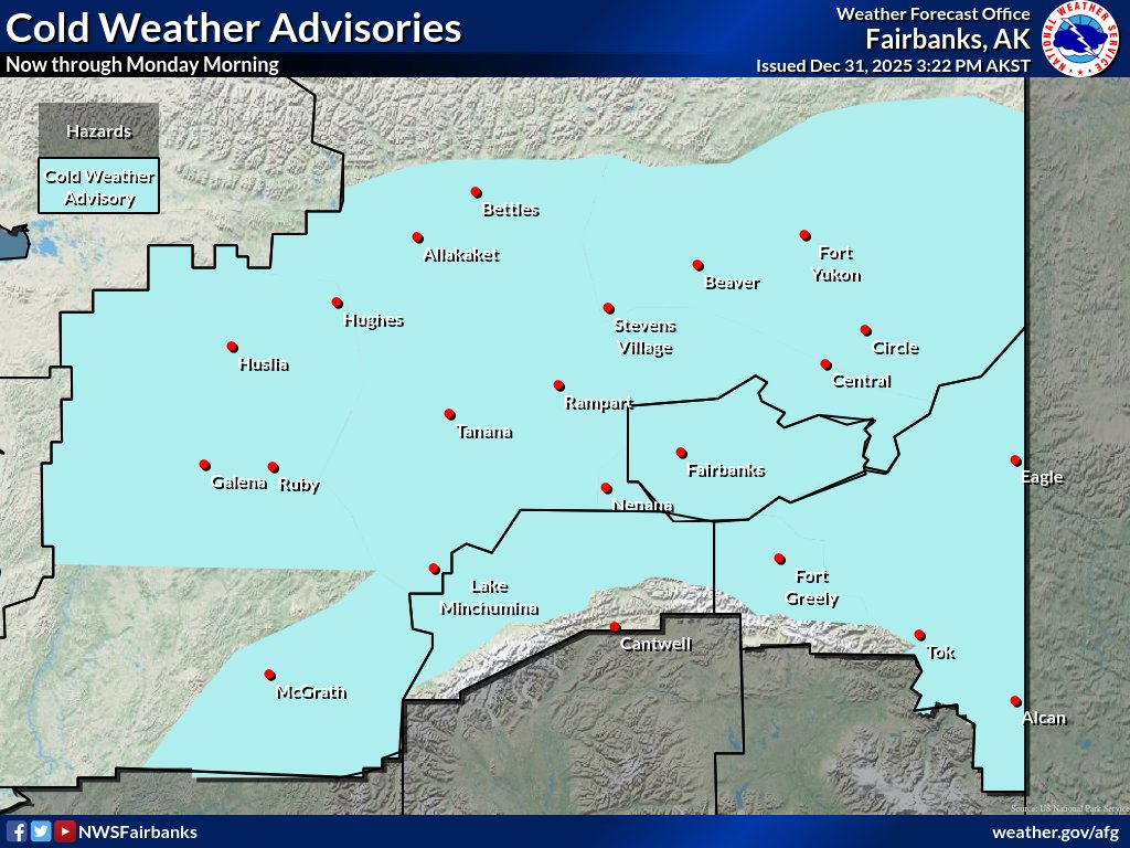 NWSFairbanks's tweet photo. We have issued cold weather advisories for much of Interior Alaska. Temperatures will be in the 40s below for most until colder air arrives this weekend. Temperatures will drop into the 50s below, with areas to the north and east of Fairbanks could see 60 below. #akwx https://t.co/NfHJvycM00