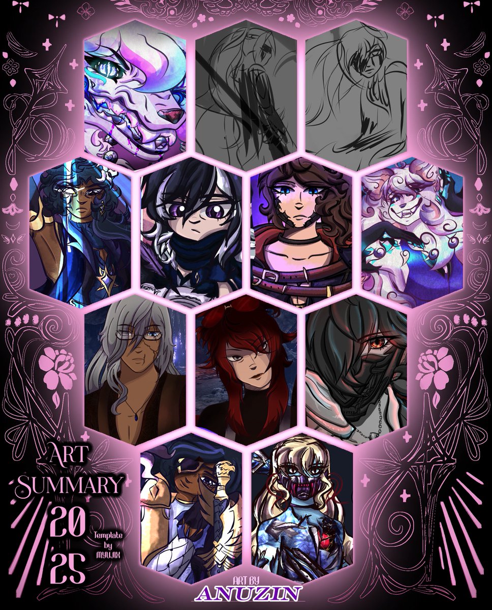 🌸Last Day of the Year! Art Summary, 2025~🌸

🎉I think I’ve hit my stride, style wise~!🎉
Somewhere between haunted beauty and “I could fix him, but I won’t.”👀

🩸Naturally, Code Vein &amp; Kaeya were involved.❄️

template by:  @/Lolimuse_ 💖

🌸✨[ #ArtSummary2025 | #AnuArtz ]🌸✨
