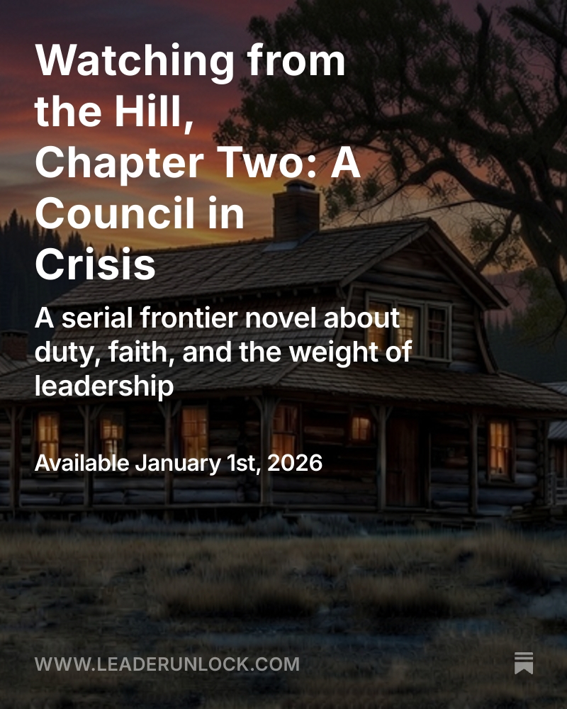 I’m writing a frontier novel in public.
Chapter by chapter. Month by month.

Watching from the Hill, Chapter Two: A Council in Crisis... drops tomorrow.

A small gold town. A murdered sheriff. A quiet homesteader asked to lead when he would rather not