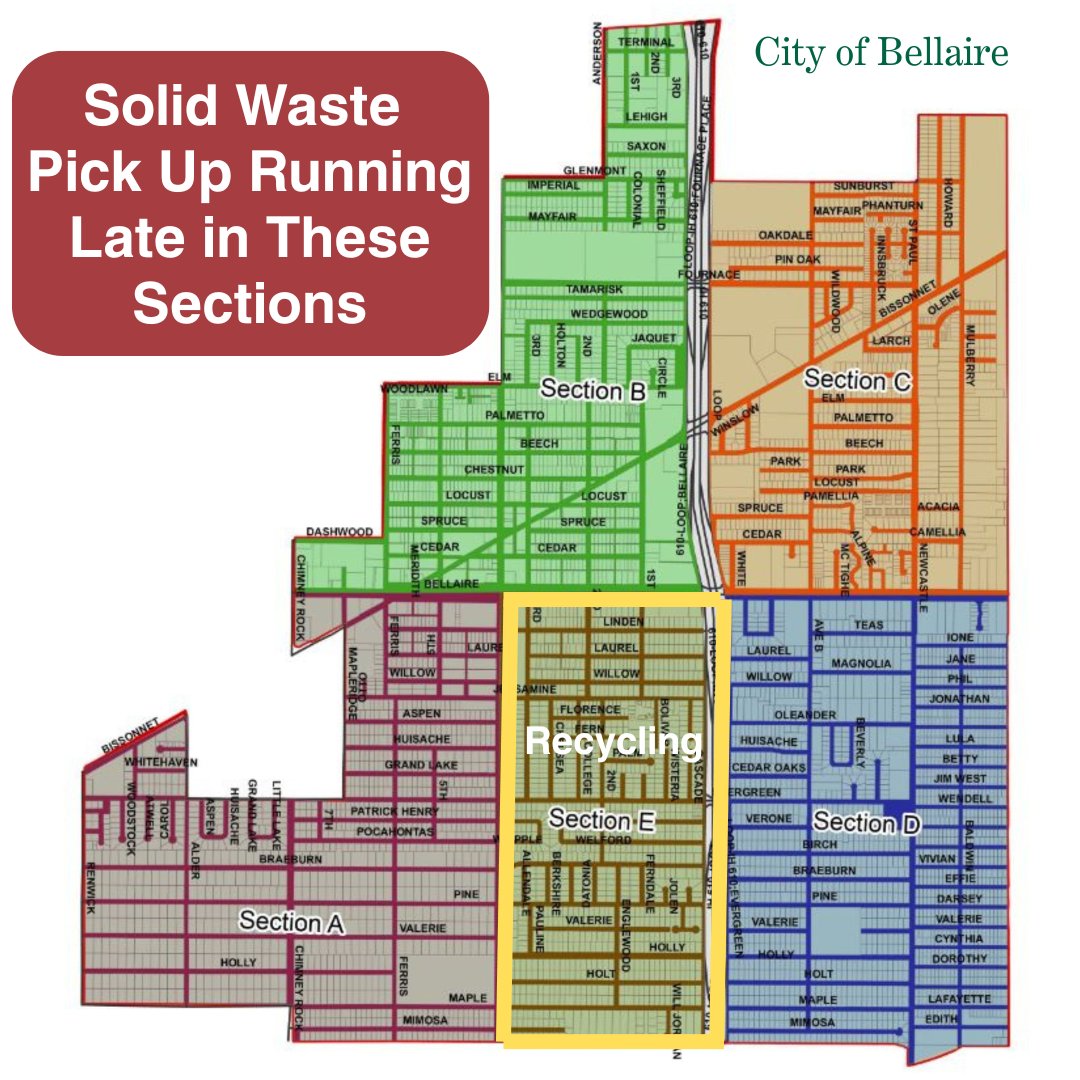 City of Bellaire Public Works crews were unable to complete recycling pickup in Section E today. Please bring your recycling back in, and we will collect it on Friday.

Thank you for your understanding and cooperation.  Please be safe tonight!