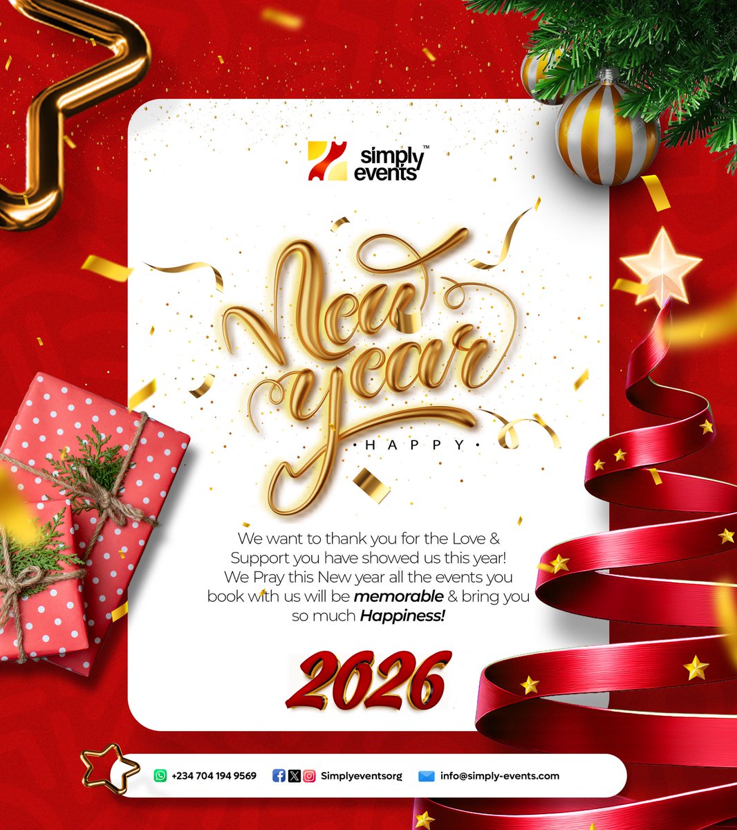 simplyeventsorg's tweet photo. ✨Hello *2026!*
Happy New Year from all of us at SimplyEvents.
Here’s to a year of growth, celebrations, and unforgettable events.
We’re ready for you.
Cheers 🥂
#simplyevents #lagos #portharcourt #abuja #uyo https://t.co/Jl0LBve1Ii