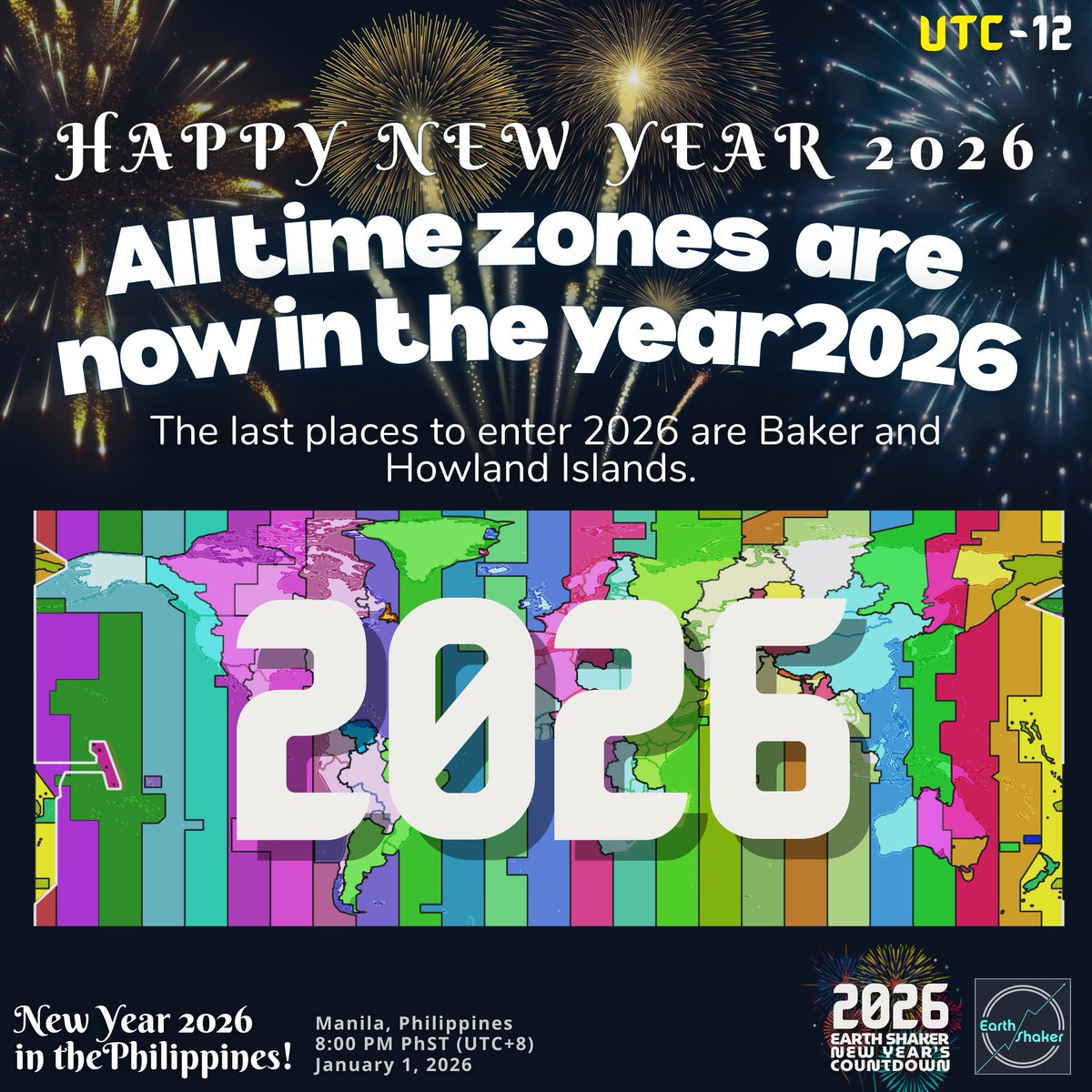 earthshakerph's tweet photo. πβ¨ THE WORLD IS OFFICIALLY IN 2026 β¨π
From the first sunrise in the Pacific to the last islands on Earth, every time zone has now crossed into the #NewYear2026.
The #EarthShakerCountdown is now complete β hello, 2026! ππ https://t.co/iSwZY1Zdeb