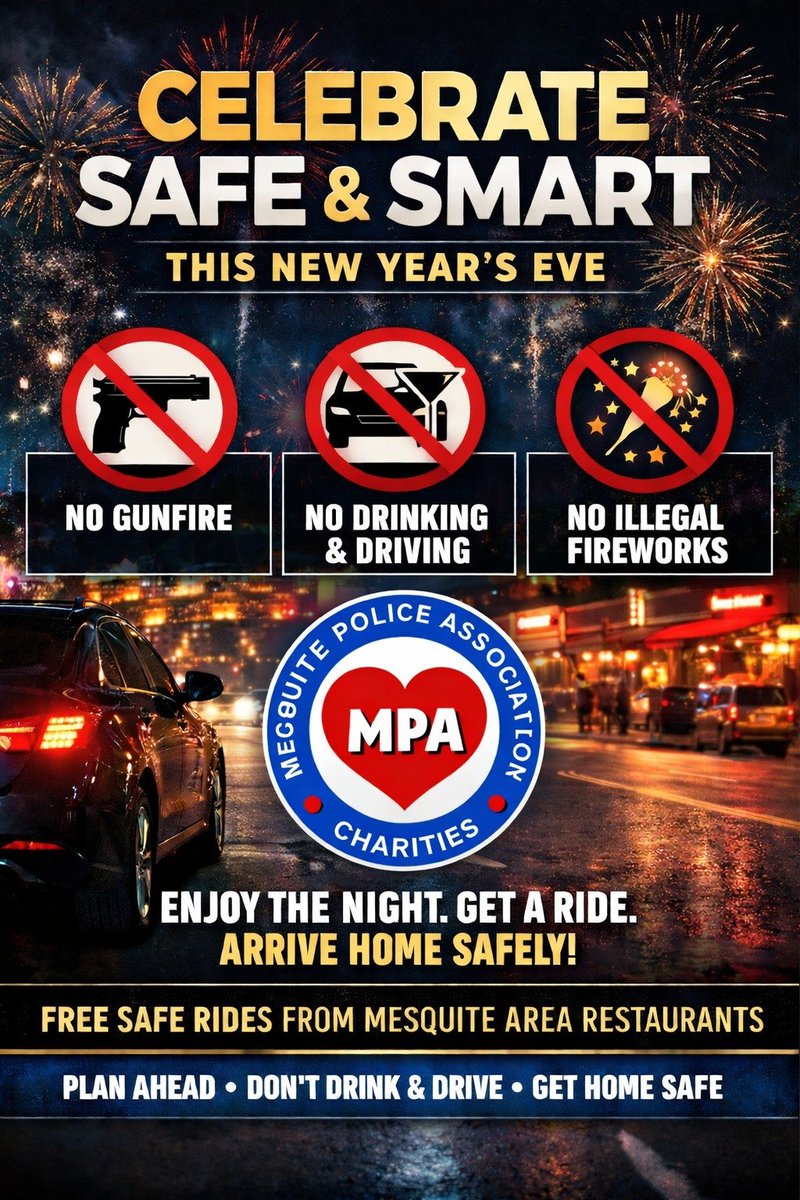🎆 Ringing in the New Year? Make safety part of the plan. 🎆

At the <a href="/MPACharities/">Mesquite Police Association Charities</a>, our focus this New Year’s Eve is simple: help everyone in Mesquite celebrate responsibly and get home safely.

As you enjoy the night, please remember:

❌ Celebratory gunfire puts lives at risk