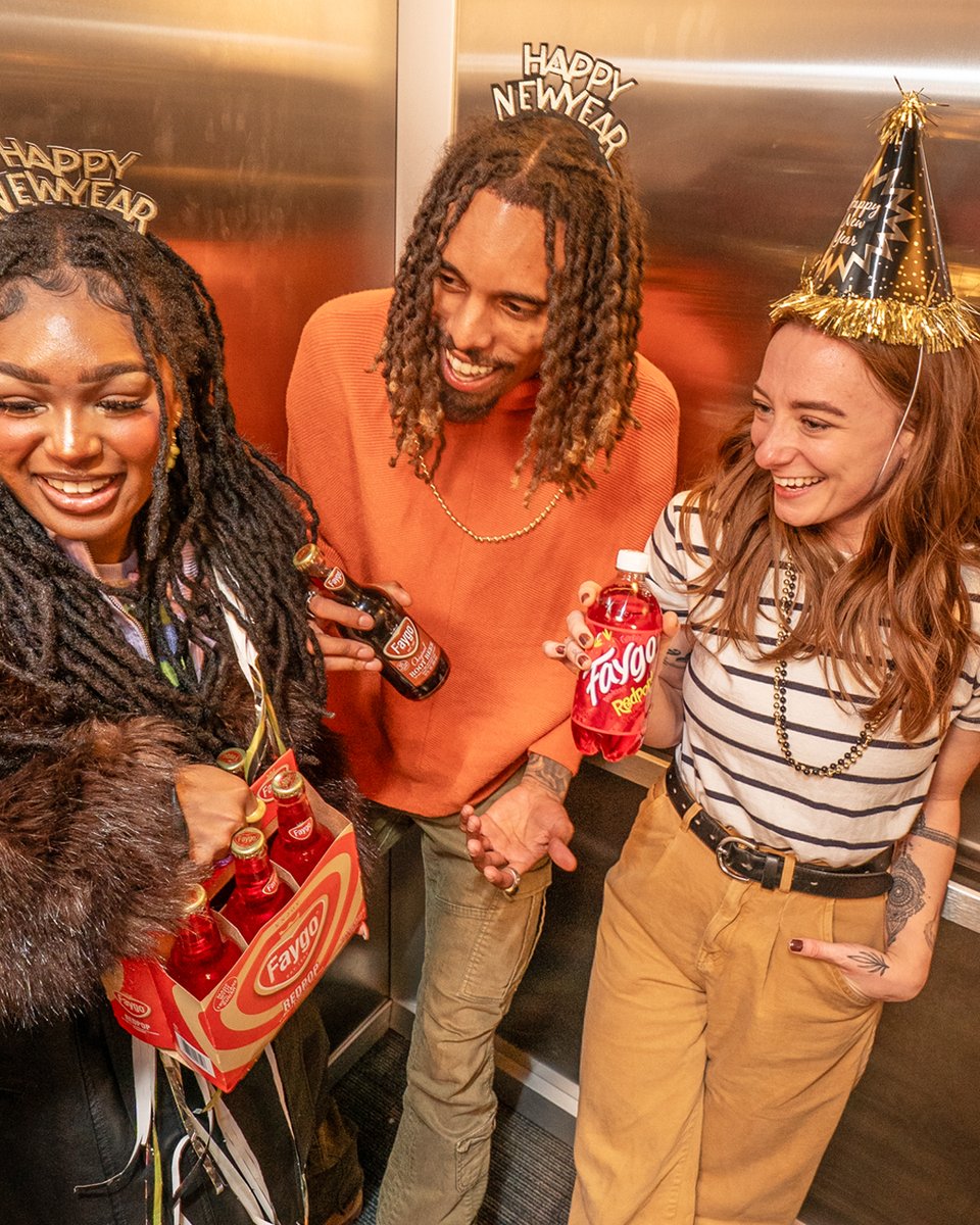 Faygo's tweet image. The elevator takes you to the party. Red Pop takes the party to the next level! Happy New Year!