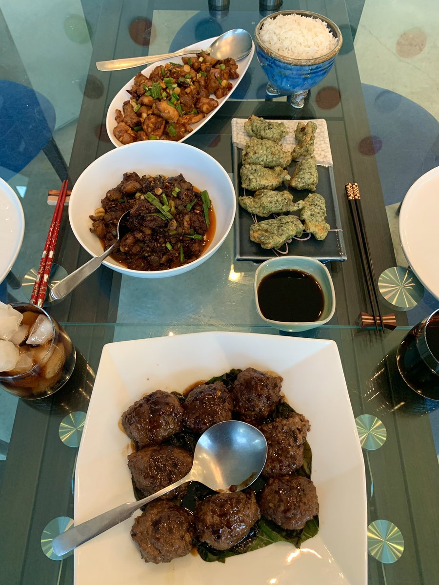 This year’s NYE theme was Chinese-dishes-we-haven’t-made-before.

My red-braised lion’s head meatballs (over collards).  Lisa’s spicy eggplant pot.  My seaweed battered fish filets (with dipping vinegar).  Lisa’s General Tso’s chicken (Taiwanese style).
