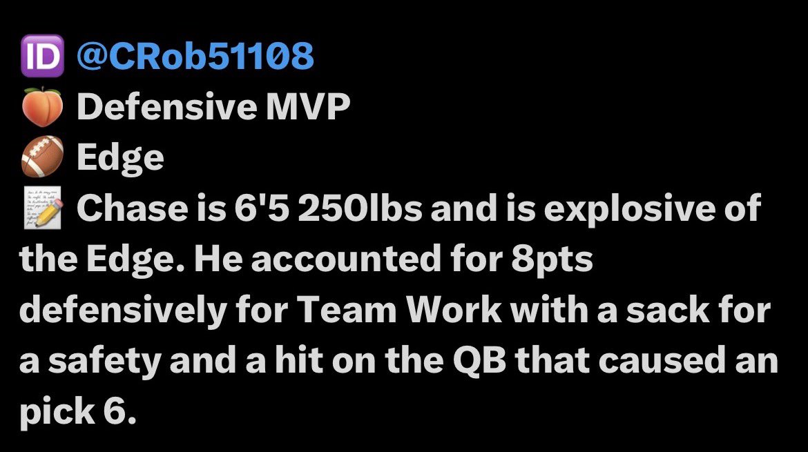 I was just named the Defensive MVP from the 🍑 PSGC ALL-AMERICAN GAME. <a href="/PSGC2024/">🍑Peach State Gridiron Classic All-American Game🍑</a> 

Thank you <a href="/CoachDaniels06/">Coach D</a> for the award, I’m blessed and thankful! #AGTG 

The work continues. 

#DefensiveMVP #EDGE #PassRush #ClassOf2026 #DLine #Front7 #RecruitMe #FootballRecruiting