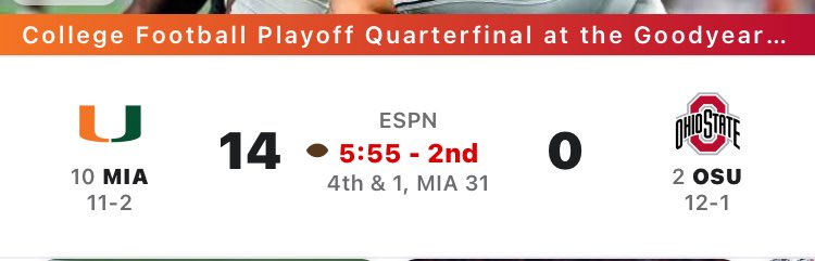 Miami, in the 1st qtr, has already scored more points on Ohio State than Indiana did in the entire Big 10 Championship game.