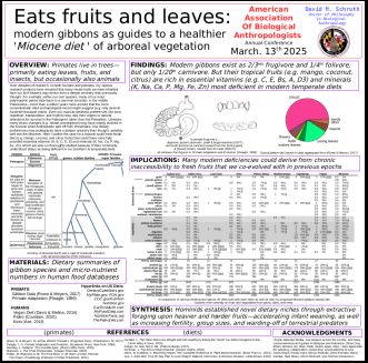 dranthropoid's tweet photo. In, 2025 I went to fewer conferences, but I did manage to prominently highlight dietary aspects of "A Gibbon Guide to Health & Harmony" in a poster at the AABA meeting. In both publications, I introduced the "Miocene Diet" as a (more compelling) predecessor to the popular "Paleo Diet"