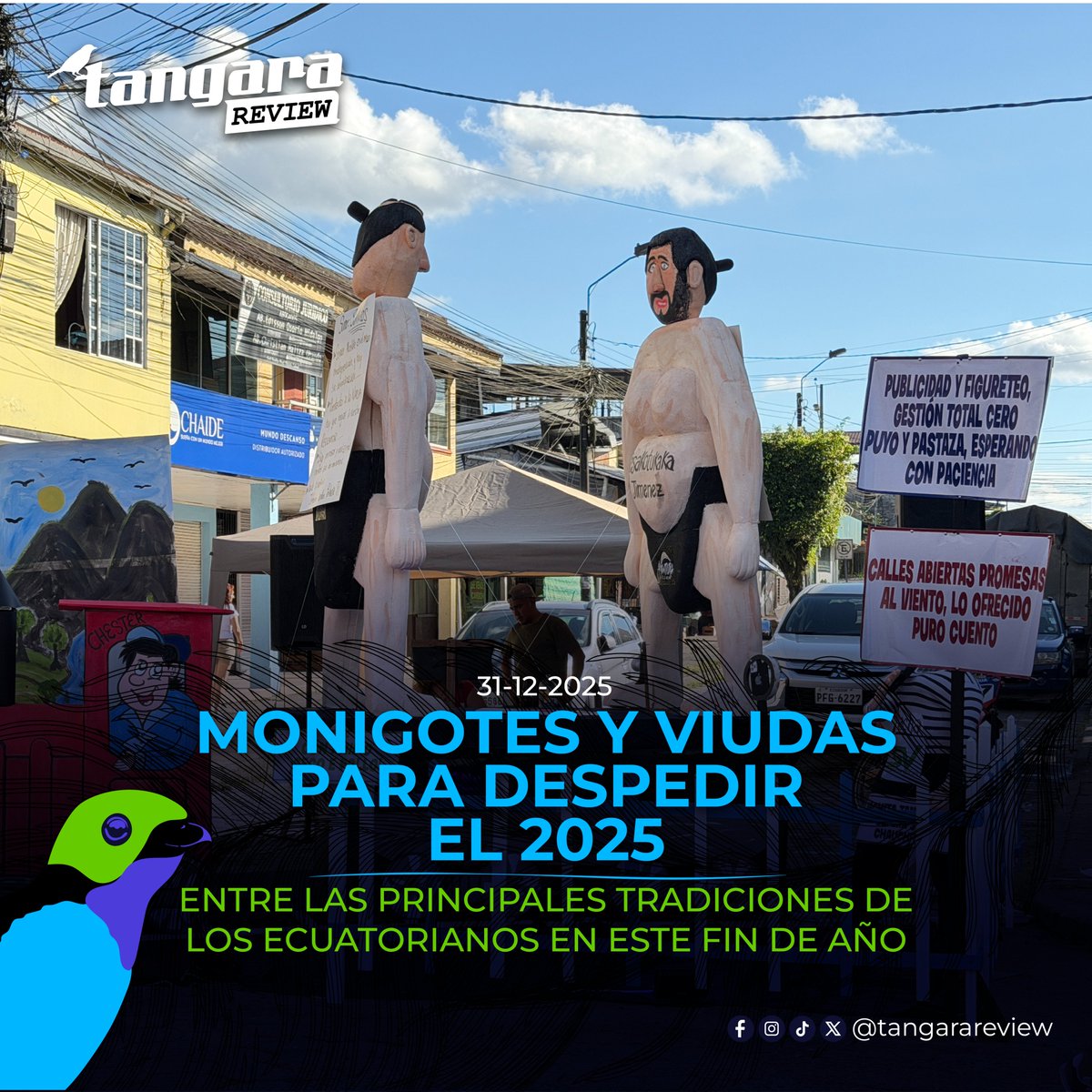 TangaraReview's tweet photo. ¡Adiós 2025!
Puyo y Mera se llenaron de color, sátira y mucha tradición para despedir el año viejo.
Calles se activaron con los ingeniosos #Monigotes que representaban todo lo que queremos dejar atrás, y las #Viudas, que con su dolor (y humor) nos hicieron reír hasta el final. https://t.co/p41KbM8jFN