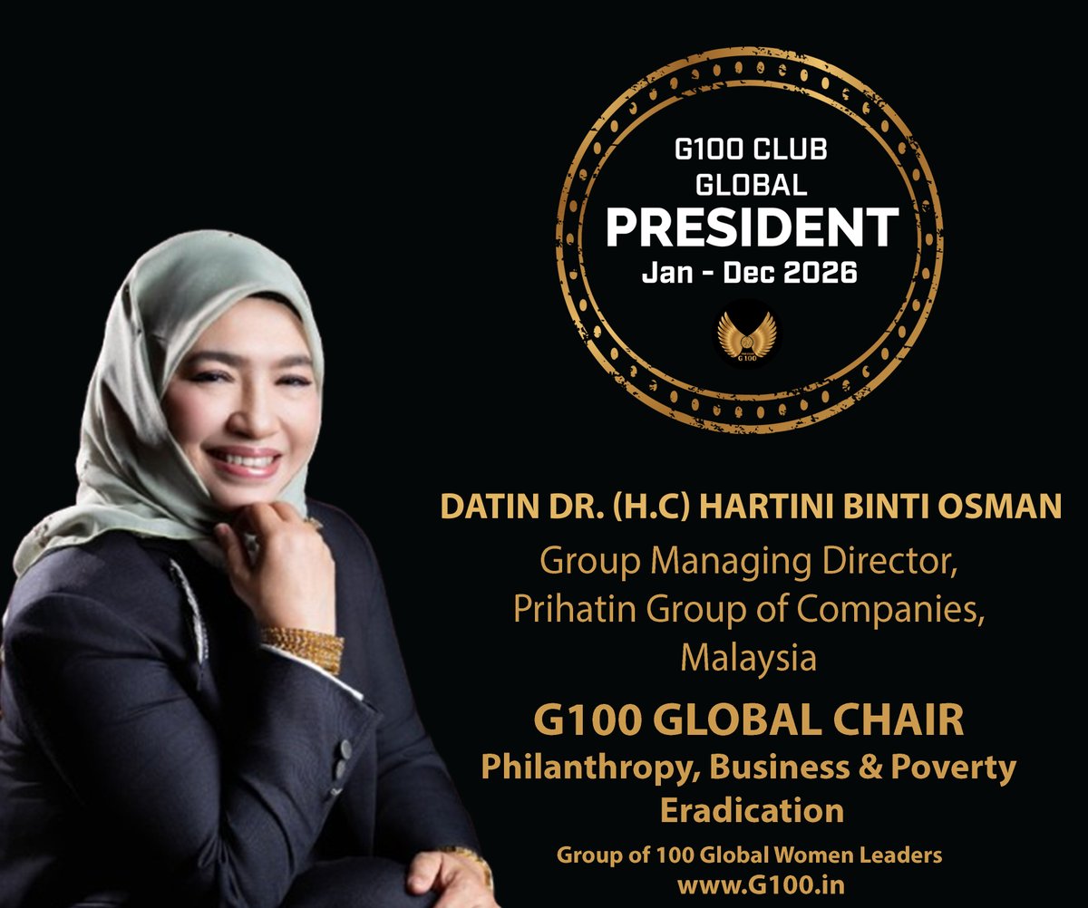 We are delighted to welcome Datin Dr. (H.C) Hartini Binti Osman as the new Global President of the G100 for 2026! Datin Dr. (H.C) Hartini Binti Osman leads concurrently as the G100 Global Chair, Philanthropy, Business &amp; Poverty Eradication wing. Read More: g100.in/datin-hartini-…