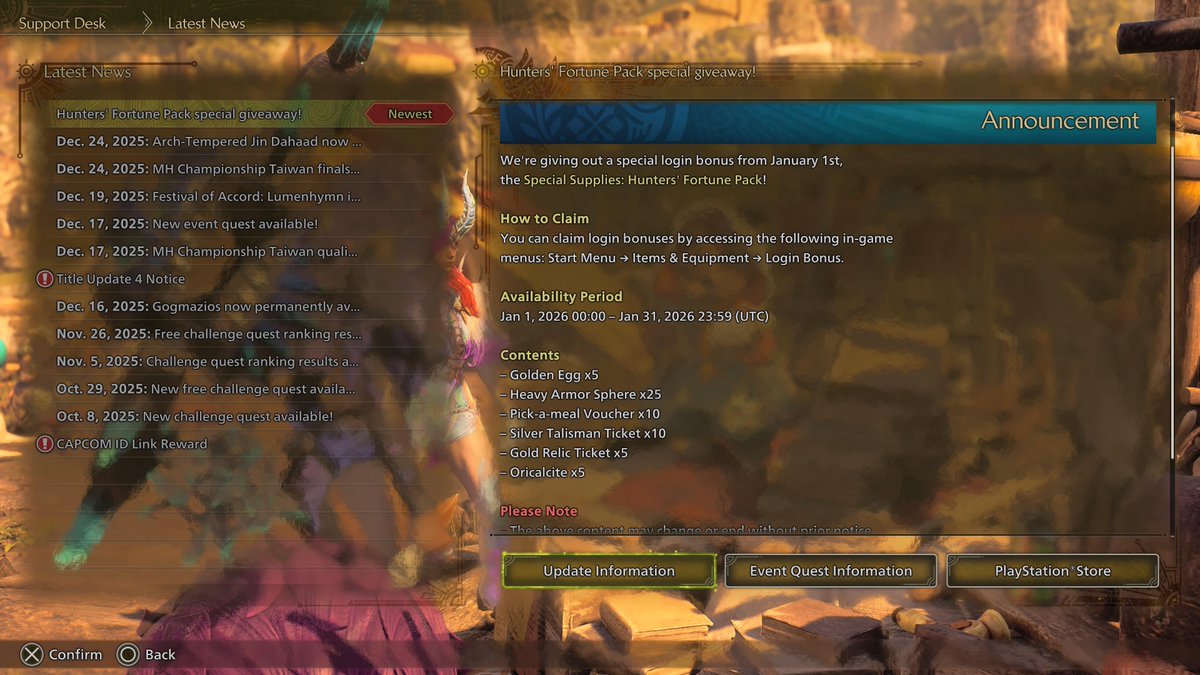 northsideidiot's tweet image. 🚨HUNTERS🚨
You have from now until Jan31 to claim (once) the Hunters’ Fortune Pack. Which has a ton of goodies inside! There’s absolutely no reason not to claim it. Happy new years everyone and thank you monster hunter team for giving us such a nice reward!