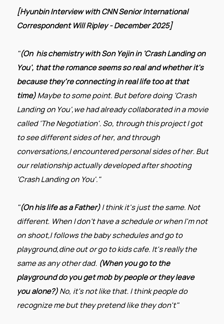 v_lovez's tweet image. "...through this project I got to see different sides of her[Son Yejin] &amp;amp; through conversations,I encountered personal sides of her...'"

"When I don't have a schedule or when I'm not on shoot,I follow the baby schedules.."

Hyunbin (2025)