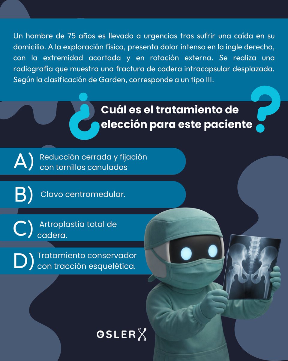 oslerx42's tweet photo. ENARM 🦴: 75 años + fractura intracapsular desplazada (Garden III) → ✅ Artroplastia total de cadera.
Trampa: clavo = extracapsular; tornillos = Garden I–II.
¿A/B/C/D? 👇 #ENARM #OslerX https://t.co/NJZk9Xg3N5