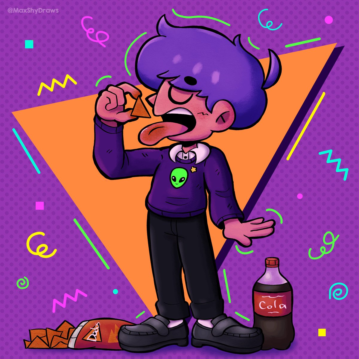MaxShyDraws's tweet photo. Comiéndome las frituras de la fiesta y estrenando outfit alt ñamñam👽🌠

Que tengan un feliz año nuevo 2026, espero puedan cumplir sus metas y que sigan creciendo. ¡Un abrazo para todos! 🎉💖✨ https://t.co/OLIOMoTDqg
