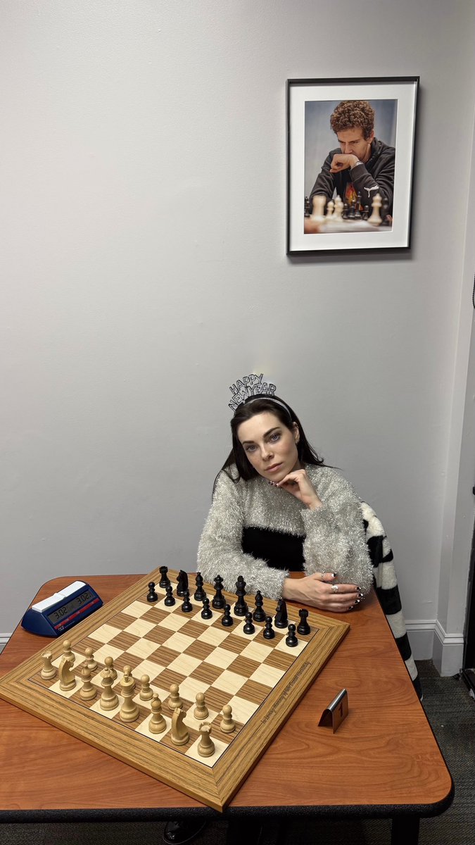DinaBelenkaya's tweet photo. Just won the NYE Blitz at CCC. Went 9/9 undefeated. All on the Naroditsky board. Must be his spirit. 
Happy New Year Everyone! May your 2026 be full of happiness, love and chess!🥂 https://t.co/SlYuiZR59f