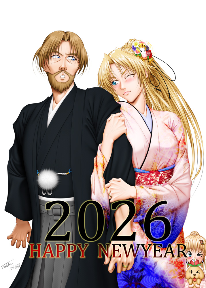 #年賀状
皆さんあけましておめでとうございます。
今年も適当によろしく～。😉ノ
HPとFANBOXに年賀CGを載せておいたので見てみてね～。
パッと見何の変哲も無い年賀絵ですが、二人とも脱衣仕様です。😅
新年早々オヤジのアレが!🤣シ
https://t.co/pBgs7XJwHY 