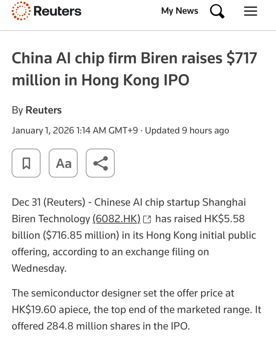 중국의 팹리스 반도체 설계 회사 Biren 테크놀로지, 홍콩 상장 위해 H주 발행 예정, 최종 공모가 주당 19.60 홍콩달러] * 이  회사는 2019년 엔비디아, 알리바바, ST 출신 링지에 쉬(Lingjie Xu) 등이 설립 상하이