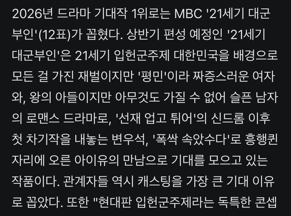 연예계 종사자 70명이 꼽은 2026 TV 드라마 기대작 1위 ‘21세기 대군부인’

“Perfect Crown” voted #1 most anticipated TV drama of 2026 by 70 industry insiders

The #1 most anticipated drama of 2026 was MBC’s Perfect Crown (12 votes). […] The project is drawing high expectations