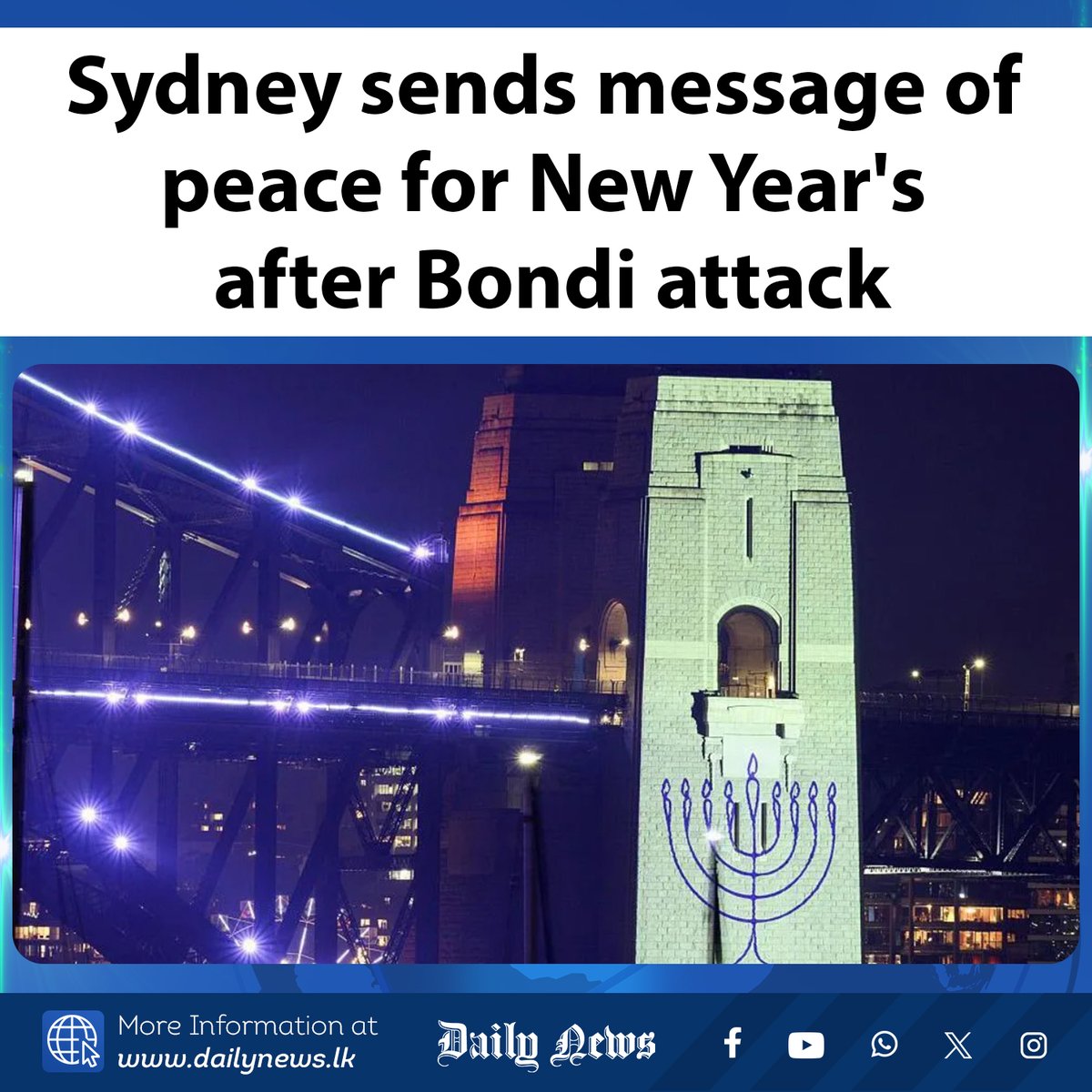 DailyNews_lk's tweet image. Sydney sends message of peace for New Year's after Bondi attack

More Info &amp;gt;&amp;gt;&amp;gt; dailynews.lk/?p=925746

#SydneyNYE #SydneyFireworks #MessageOfPeace #PeaceAndUnity #SydneyHarbour #AustraliaNews #NewYear2026 #StandTogether #NeverInFear #BondiAttack

𝗙𝗢𝗟𝗟𝗢𝗪 𝗨𝗦 𝗢𝗡
🛑