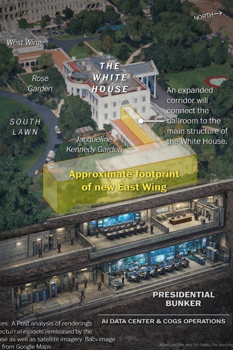 amtvmedia's tweet image. For those of you that Don’t know… The Real Reason for Trump’s East Wing Ballroom is they’re building a Top Secret AI data center to run the future Gov’t as a so called central nervous system. There is also a military / Presidential bunker with tunnels being built for COGS. This…