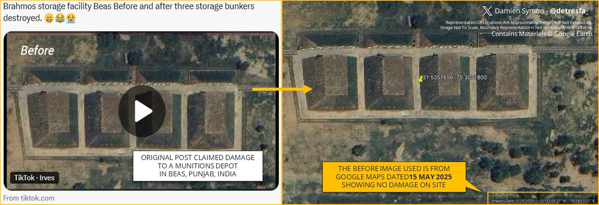 detresfa_'s tweet photo. Dumbest disinformation attempt ever - a "before" image taken on 15 MAY 2025 (4 days AFTER the IND-PAK conflict ended) from a munition site in Beas, Punjab, India is compared to an image from NOV 2025 to show damage by alleged Pakistani strikes in India !! https://t.co/z4U5Rj0zeO
