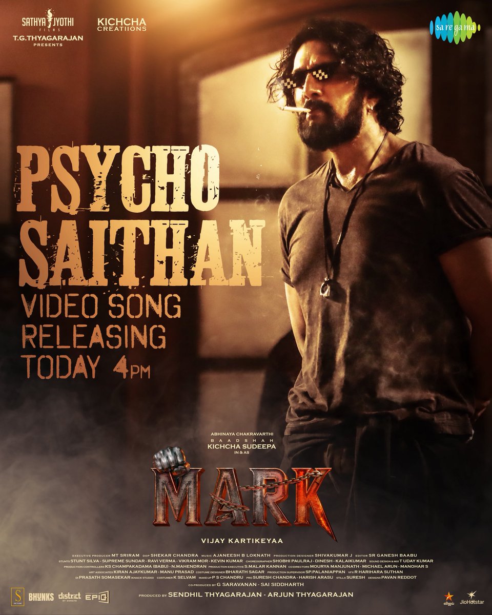 BaadshahDHF's tweet photo. Get Ready To Blast Your Speakers #PsychoSaithan Video Song From #MARK Releases Today at 4.00 PM! 🔉🕺

🎶 @AJANEESHB 
🎙️ @rvijayprakash @AJANEESHB @theasrsings
✍🏻 @anupsbhandari

#MarkFirstSingle @KicchaSudeep @Kichchacreatiin @SathyaJyothi @VKartikeyaa @iampriya06 https://t.co/8Uks6PPqLg